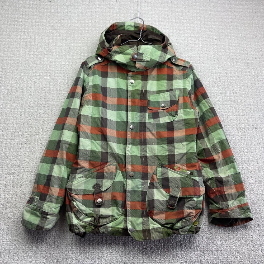 Y2K Burton Jacket Womens S Green / Orange Plaid Hooded Snowboarding / Ski